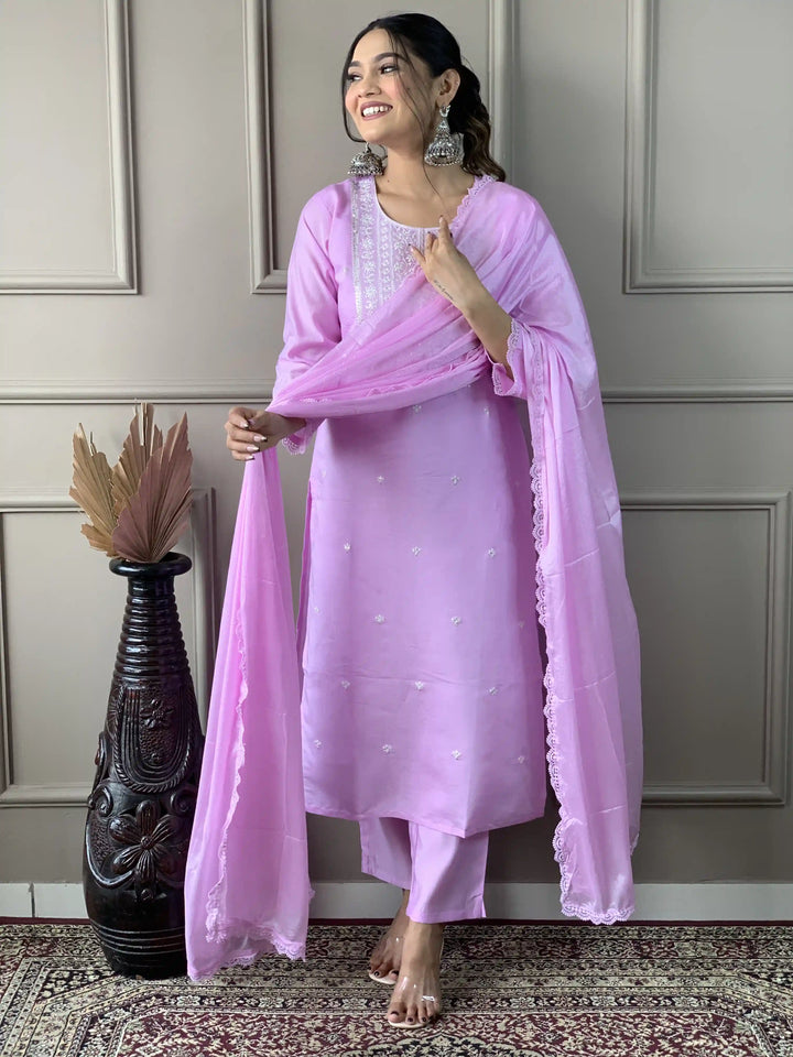 Lavender Kurti Set for Women | Thread Embroidery Work Kurta Pant Set