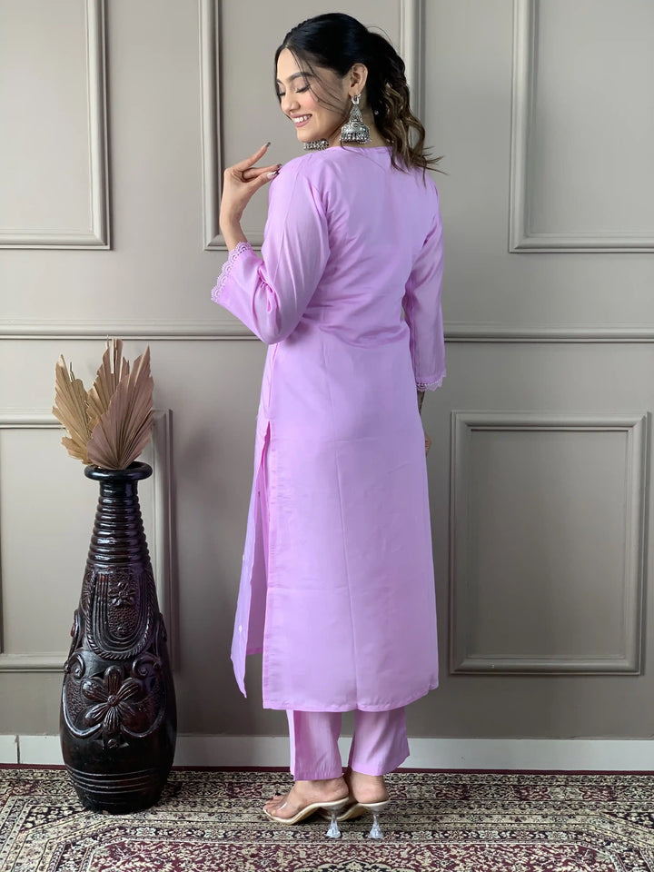 Lavender Kurti Set for Women | Thread Embroidery Work Kurta Pant Set