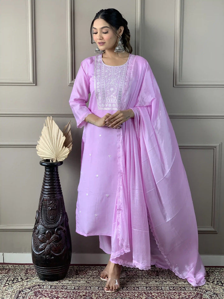 Lavender Kurti Set for Women | Thread Embroidery Work Kurta Pant Set
