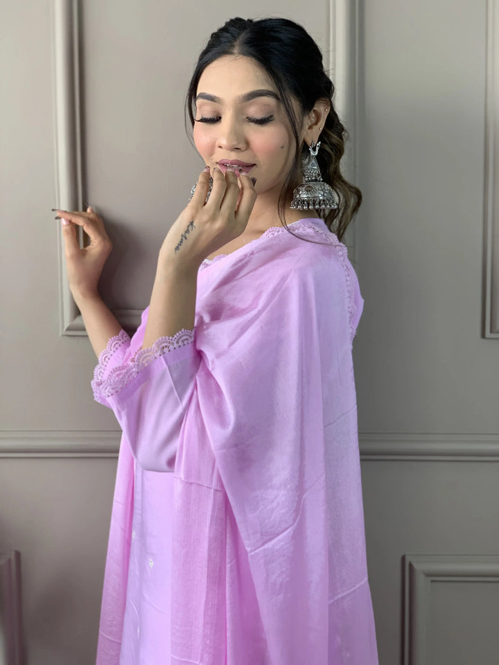 Lavender Kurti Set for Women | Thread Embroidery Work Kurta Pant Set