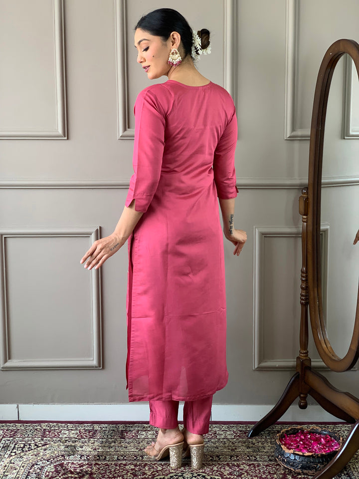 Elegant Kurta Set | Hot Pink | Thread Work | Viscose Chanderi | Women Kurti