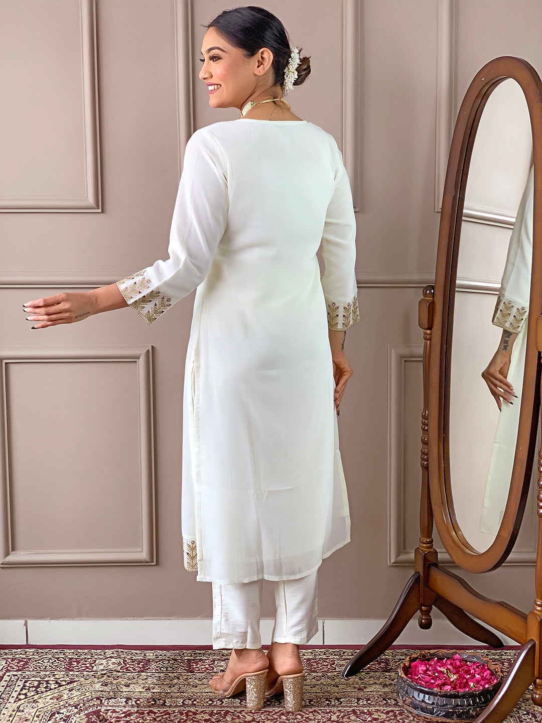 Stylish White Kurta Set | Thread Embroidery & Sequins Work | Kurti Pant Set for Women