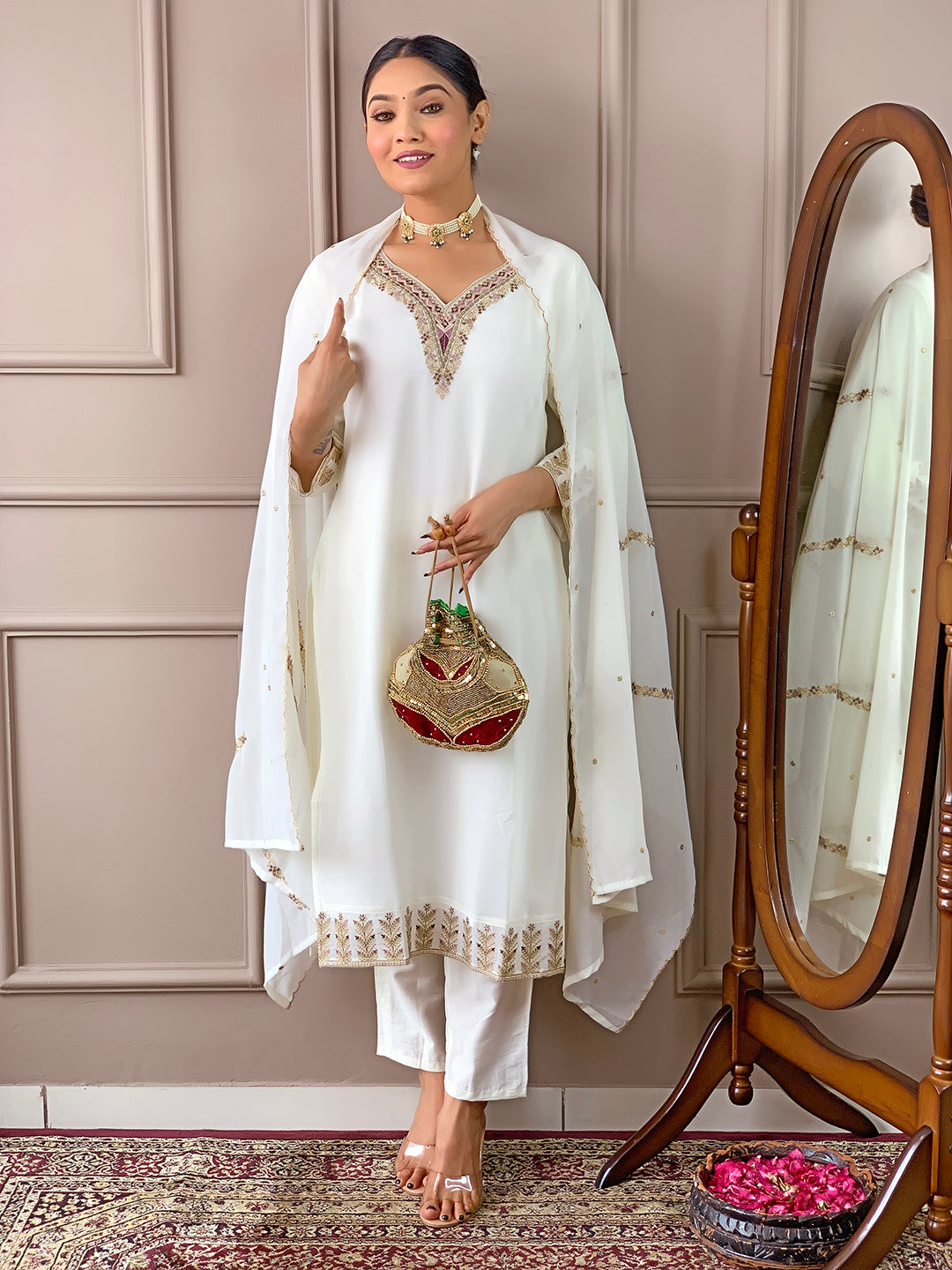 Stylish White Kurta Set | Thread Embroidery & Sequins Work | Kurti Pant Set for Women