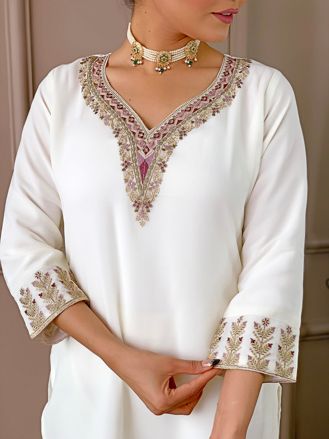 Stylish White Kurta Set | Thread Embroidery & Sequins Work | Kurti Pant Set for Women