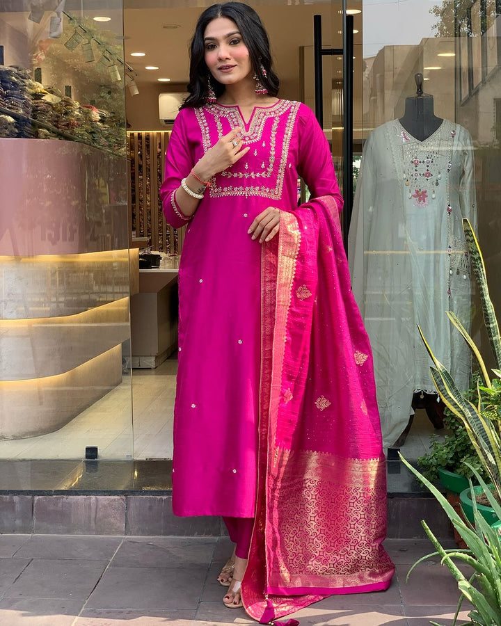 Indian Rani Pink Kurta Churidar | Embroidered Outfit for Special Occasions