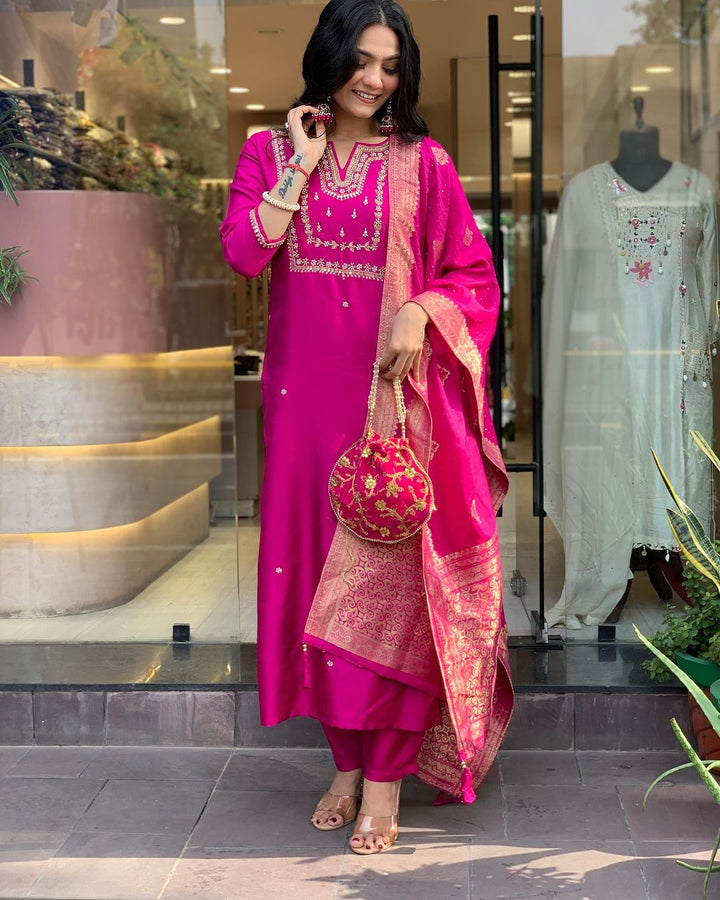 Indian Rani Pink Kurta Churidar | Embroidered Outfit for Special Occasions