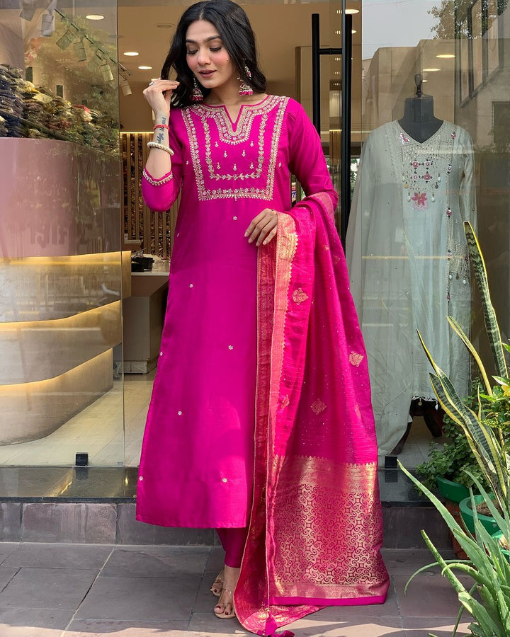 Indian Rani Pink Kurta Churidar | Embroidered Outfit for Special Occasions