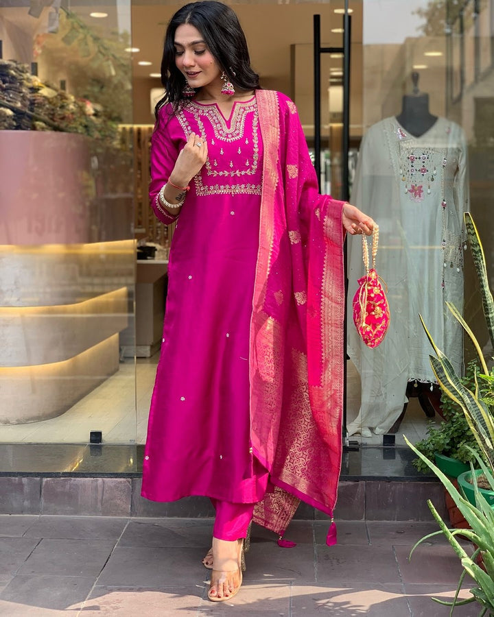 Indian Rani Pink Kurta Churidar | Embroidered Outfit for Special Occasions