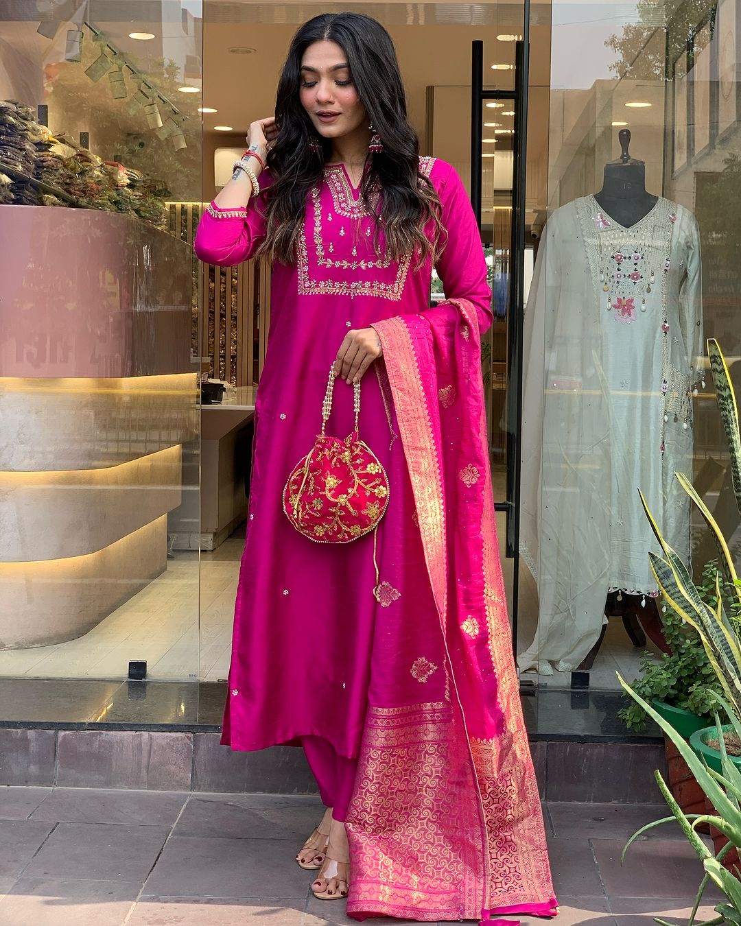 Indian Rani Pink Kurta Churidar | Embroidered Outfit for Special Occasions