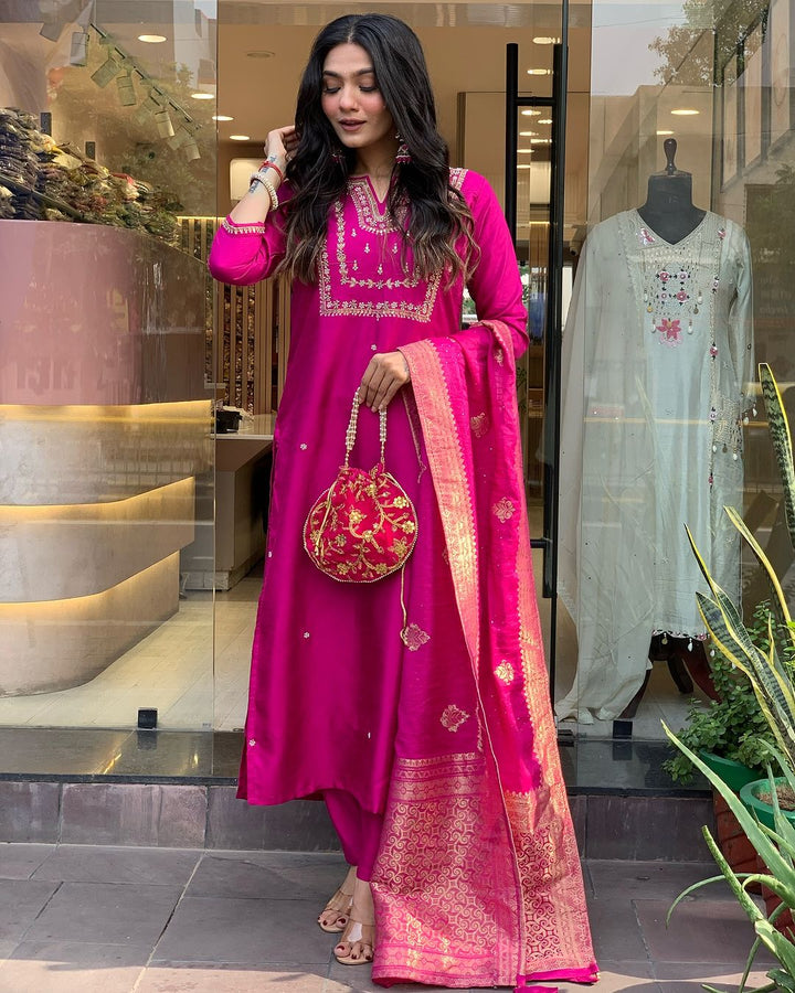 Indian Rani Pink Kurta Churidar | Embroidered Outfit for Special Occasions