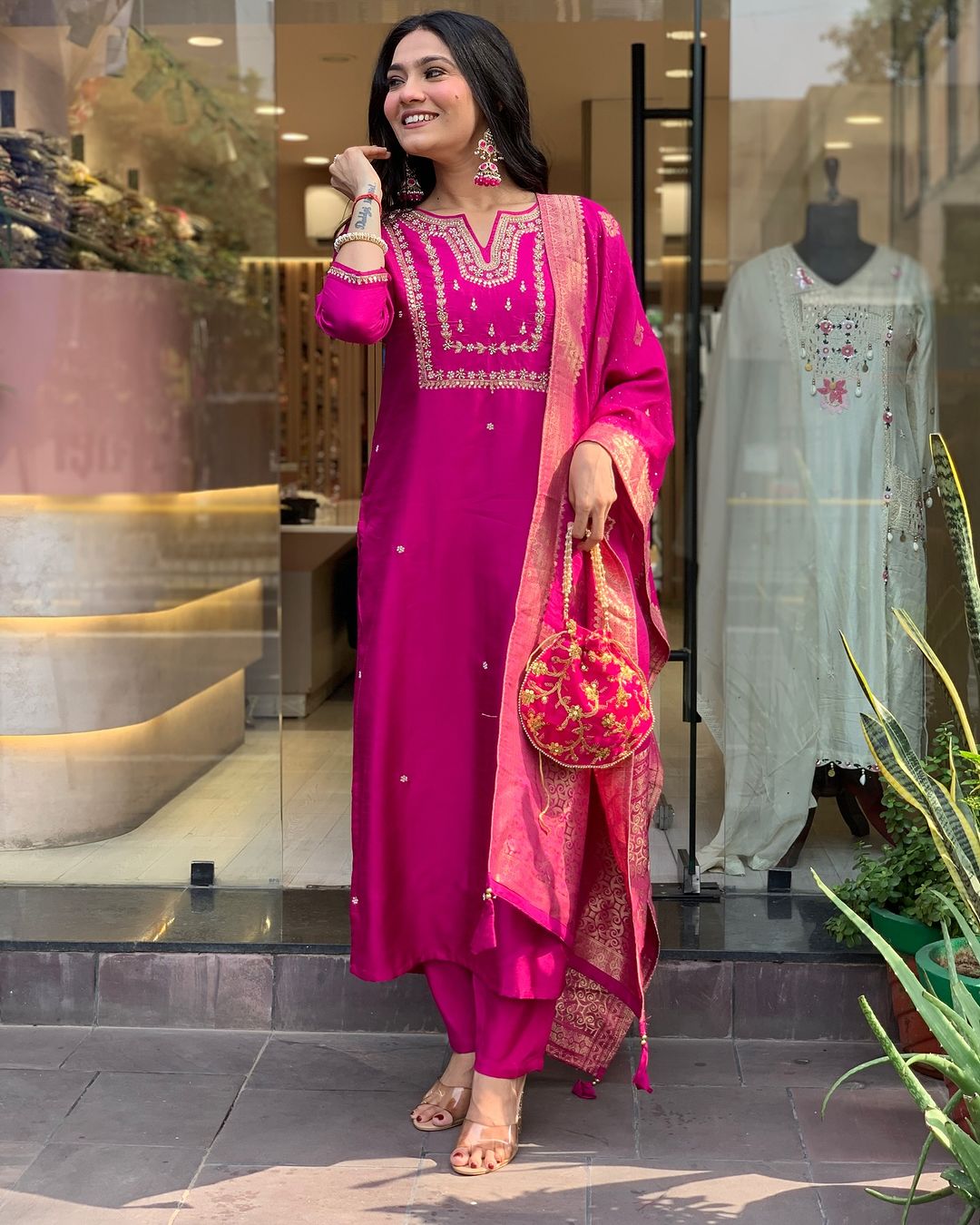 Indian Rani Pink Kurta Churidar | Embroidered Outfit for Special Occasions