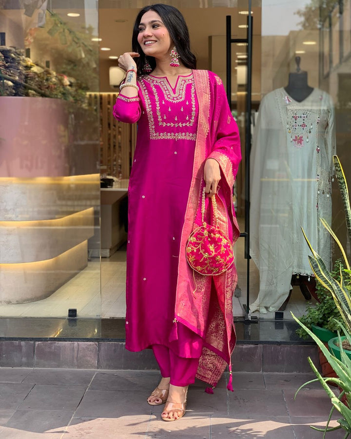 Indian Rani Pink Kurta Churidar | Embroidered Outfit for Special Occasions
