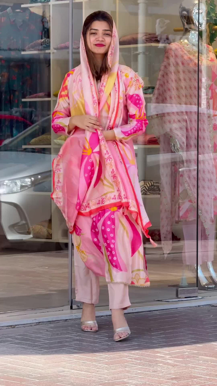 Baby Pink Viscose Muslin Kurta Set | Organza Dupatta for Festive Wear