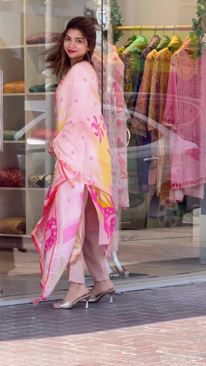 Baby Pink Viscose Muslin Kurta Set | Organza Dupatta for Festive Wear