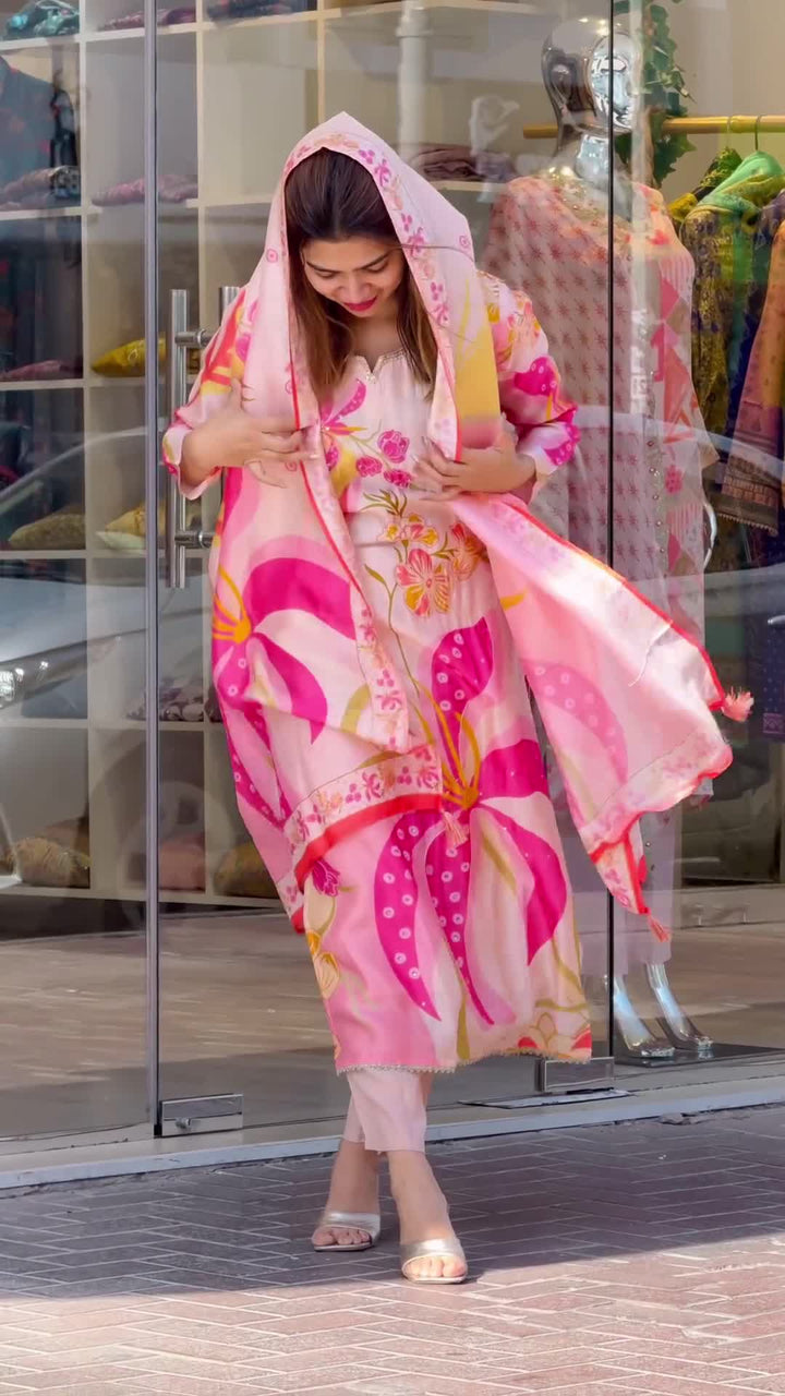 Baby Pink Viscose Muslin Kurta Set | Organza Dupatta for Festive Wear