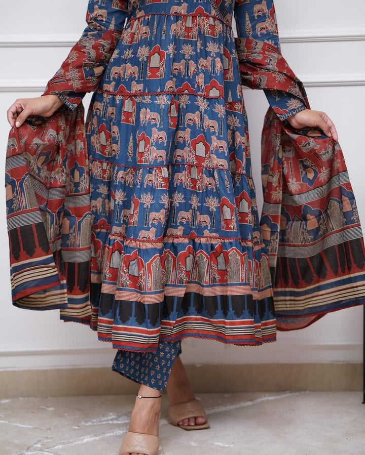 Charming Cotton Kurta Set | Printed Design with Thread Work & Dupatta