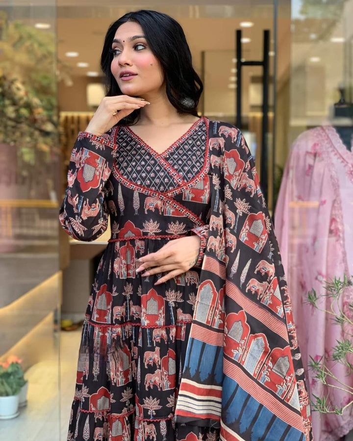 Charming Cotton Kurta Set | Printed Design with Thread Work & Dupatta