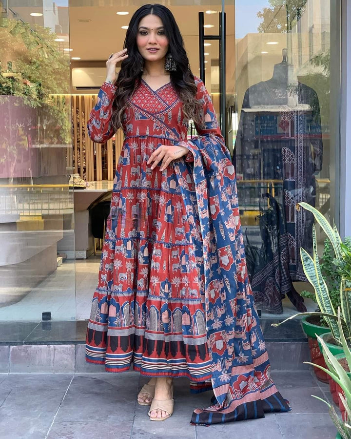 Charming Cotton Kurta Set | Printed Design with Thread Work & Dupatta