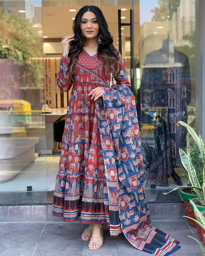 Charming Cotton Kurta Set | Printed Design with Thread Work & Dupatta