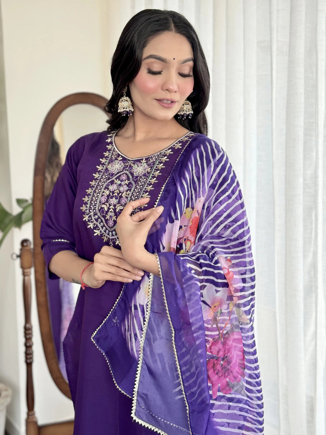 Indian Violet Kurti Set | Thread Work & Taby Silk Dupatta for Weddings