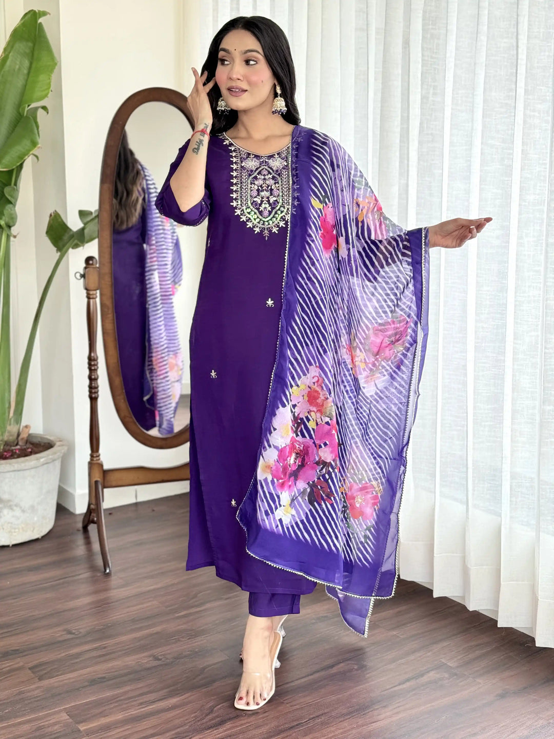 Indian Violet Kurti Set | Thread Work & Taby Silk Dupatta for Weddings