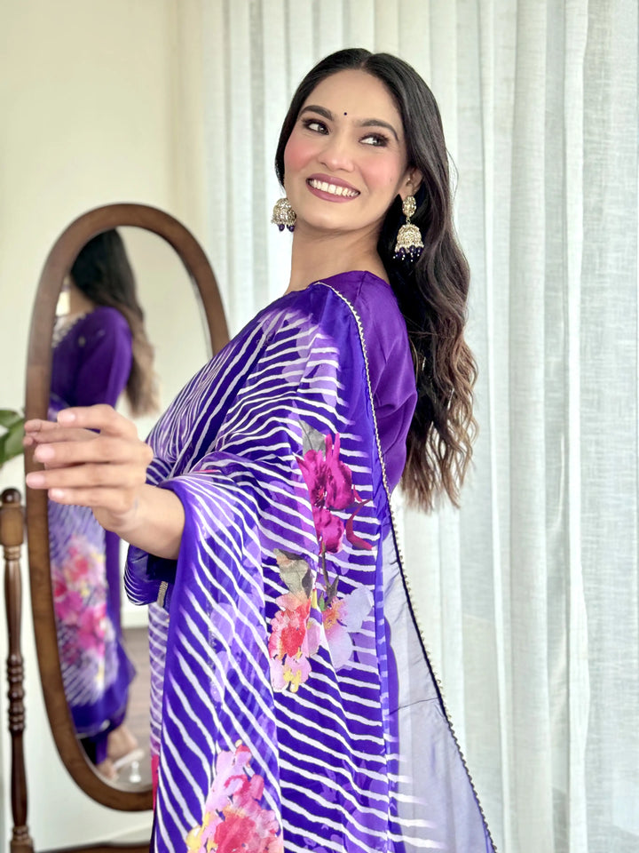 Indian Violet Kurti Set | Thread Work & Taby Silk Dupatta for Weddings