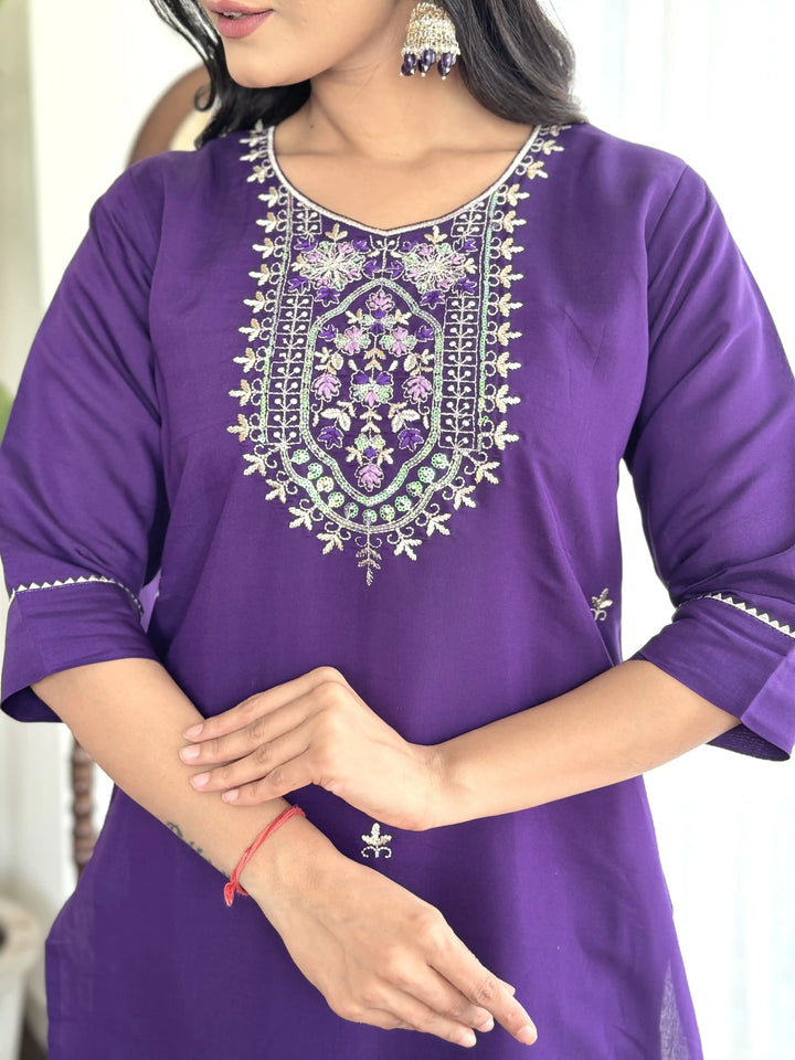 Indian Violet Kurti Set | Thread Work & Taby Silk Dupatta for Weddings