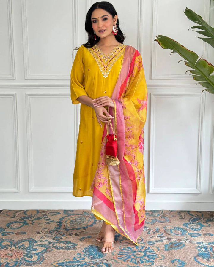 Bright Mustard Kurta Set | Thread Embroidery & Printed Silk Dupatta