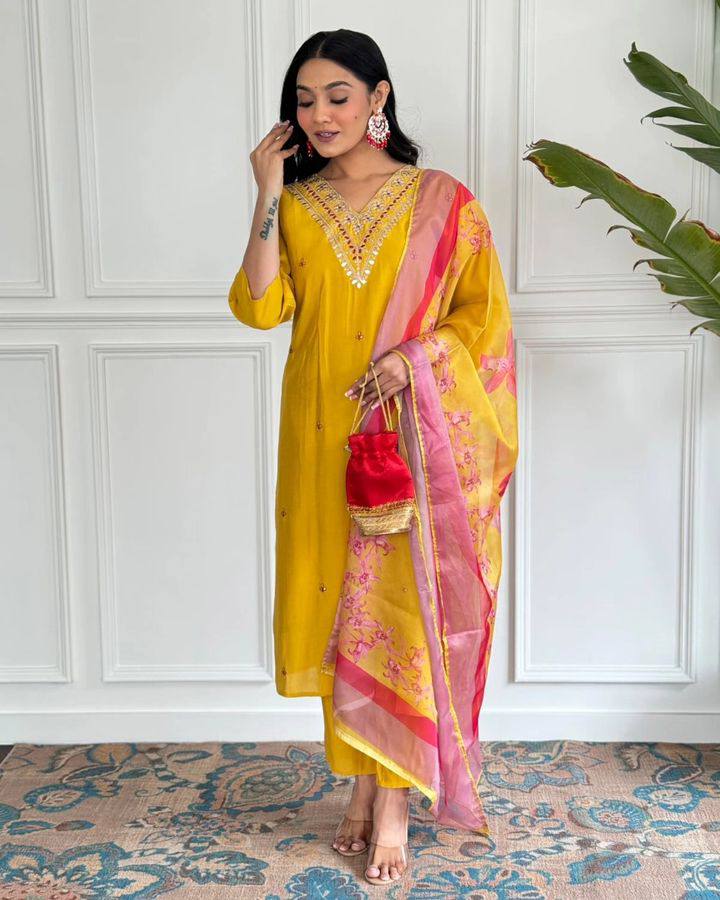 Bright Mustard Kurta Set | Thread Embroidery & Printed Silk Dupatta