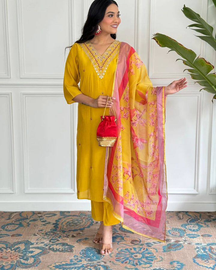 Bright Mustard Kurta Set | Thread Embroidery & Printed Silk Dupatta