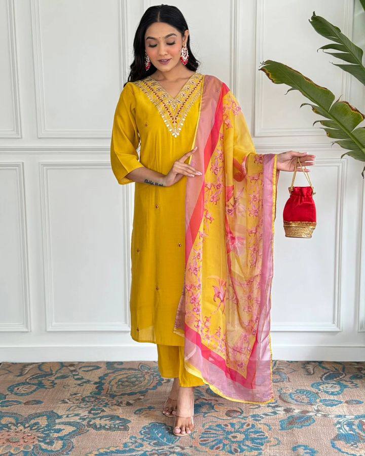 Bright Mustard Kurta Set | Thread Embroidery & Printed Silk Dupatta