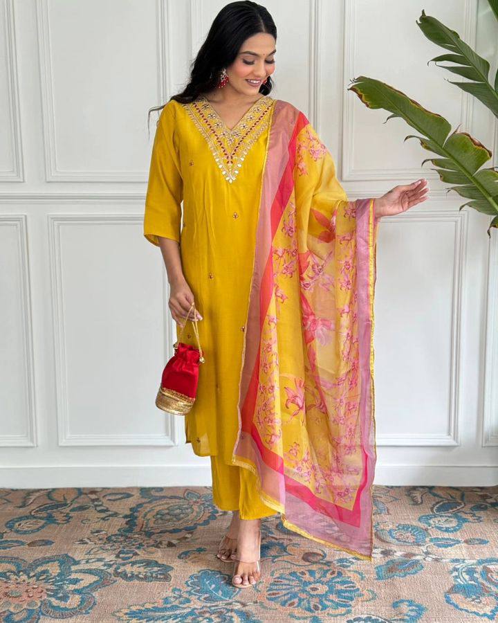 Bright Mustard Kurta Set | Thread Embroidery & Printed Silk Dupatta