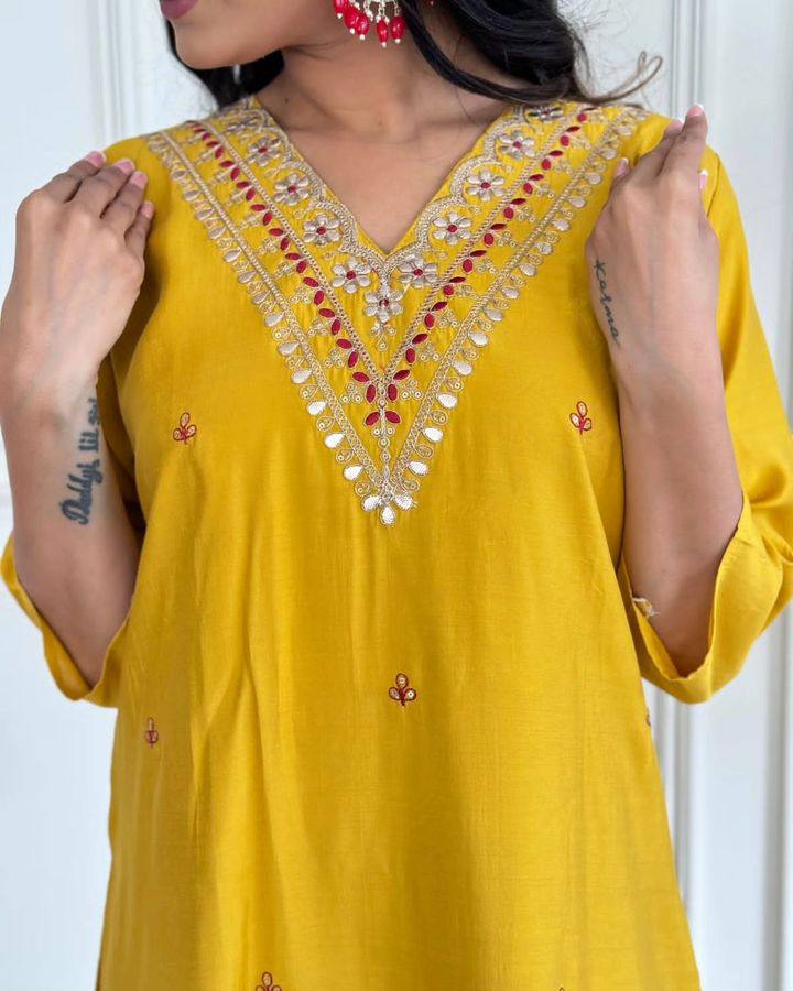 Bright Mustard Kurta Set | Thread Embroidery & Printed Silk Dupatta