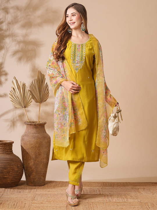 Indian Mustard Kurta Pant for Women | Chanderi Viscose with Premium Organza Dupatta