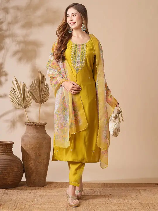 Indian Mustard Kurta Pant for Women | Chanderi Viscose with Premium Organza Dupatta