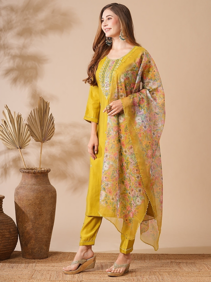 Indian Mustard Kurta Pant for Women | Chanderi Viscose with Premium Organza Dupatta