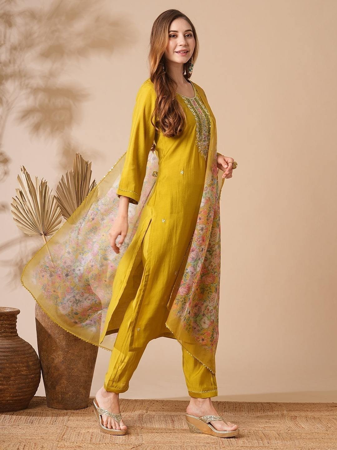 Indian Mustard Kurta Pant for Women | Chanderi Viscose with Premium Organza Dupatta
