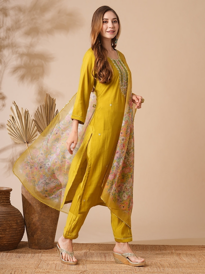 Indian Mustard Kurta Pant for Women | Chanderi Viscose with Premium Organza Dupatta
