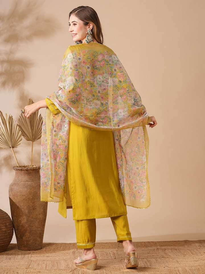 Indian Mustard Kurta Pant for Women | Chanderi Viscose with Premium Organza Dupatta