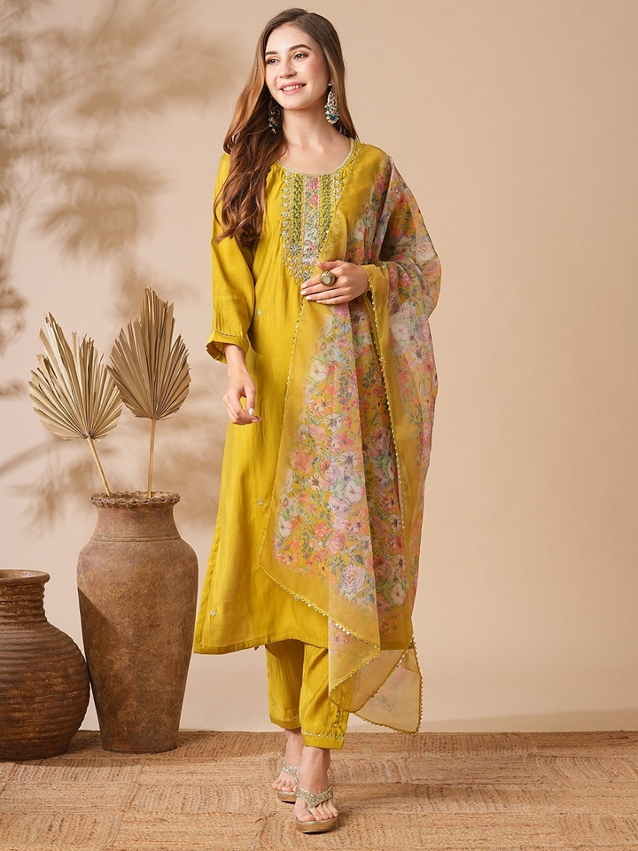 Indian Mustard Kurta Pant for Women | Chanderi Viscose with Premium Organza Dupatta