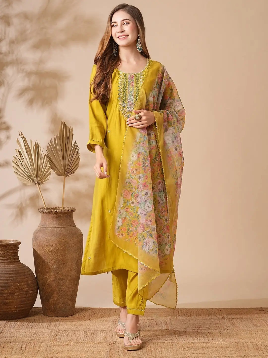 Indian Mustard Kurta Pant for Women | Chanderi Viscose with Premium Organza Dupatta