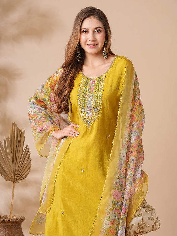 Indian Mustard Kurta Pant for Women | Chanderi Viscose with Premium Organza Dupatta