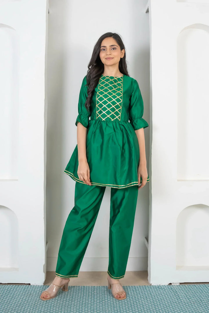Refreshing Green and Golden Peplum Kurta with Pants For Women