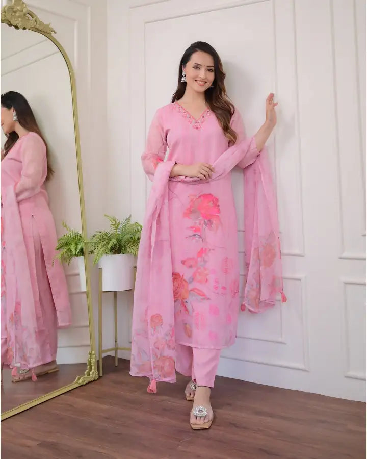 Organza Salwar Kameez | Elegant Floral Print & Delicate Embroidery Ethnic Wear