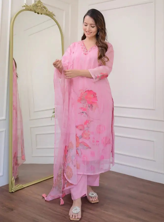 Organza Salwar Kameez | Elegant Floral Print & Delicate Embroidery Ethnic Wear