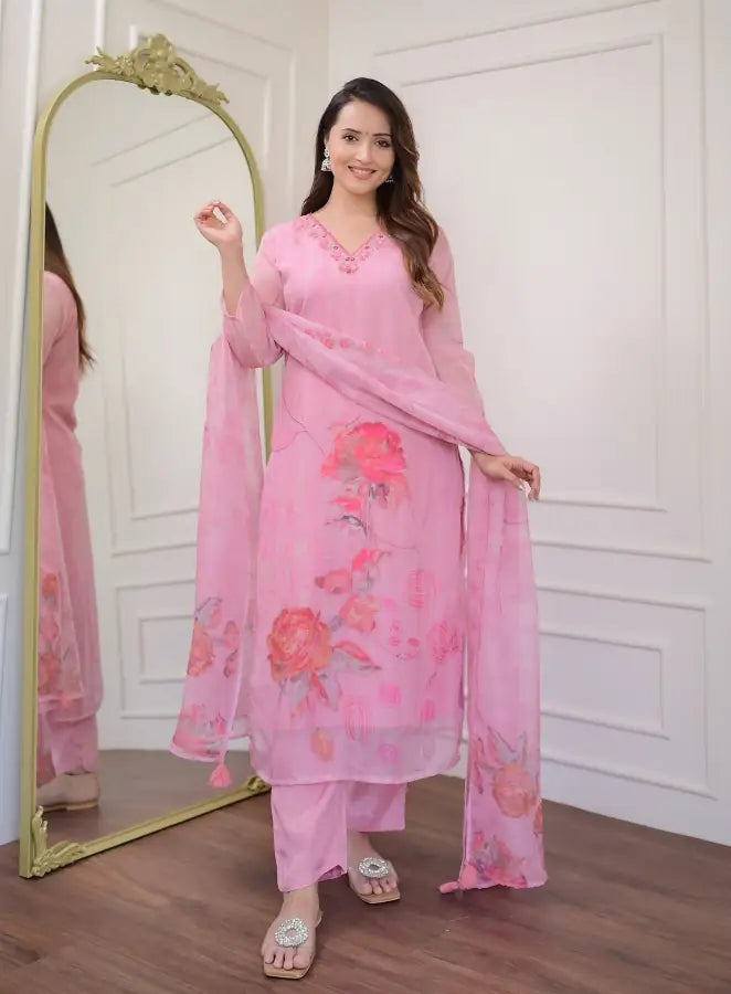 Organza Salwar Kameez | Elegant Floral Print & Delicate Embroidery Ethnic Wear