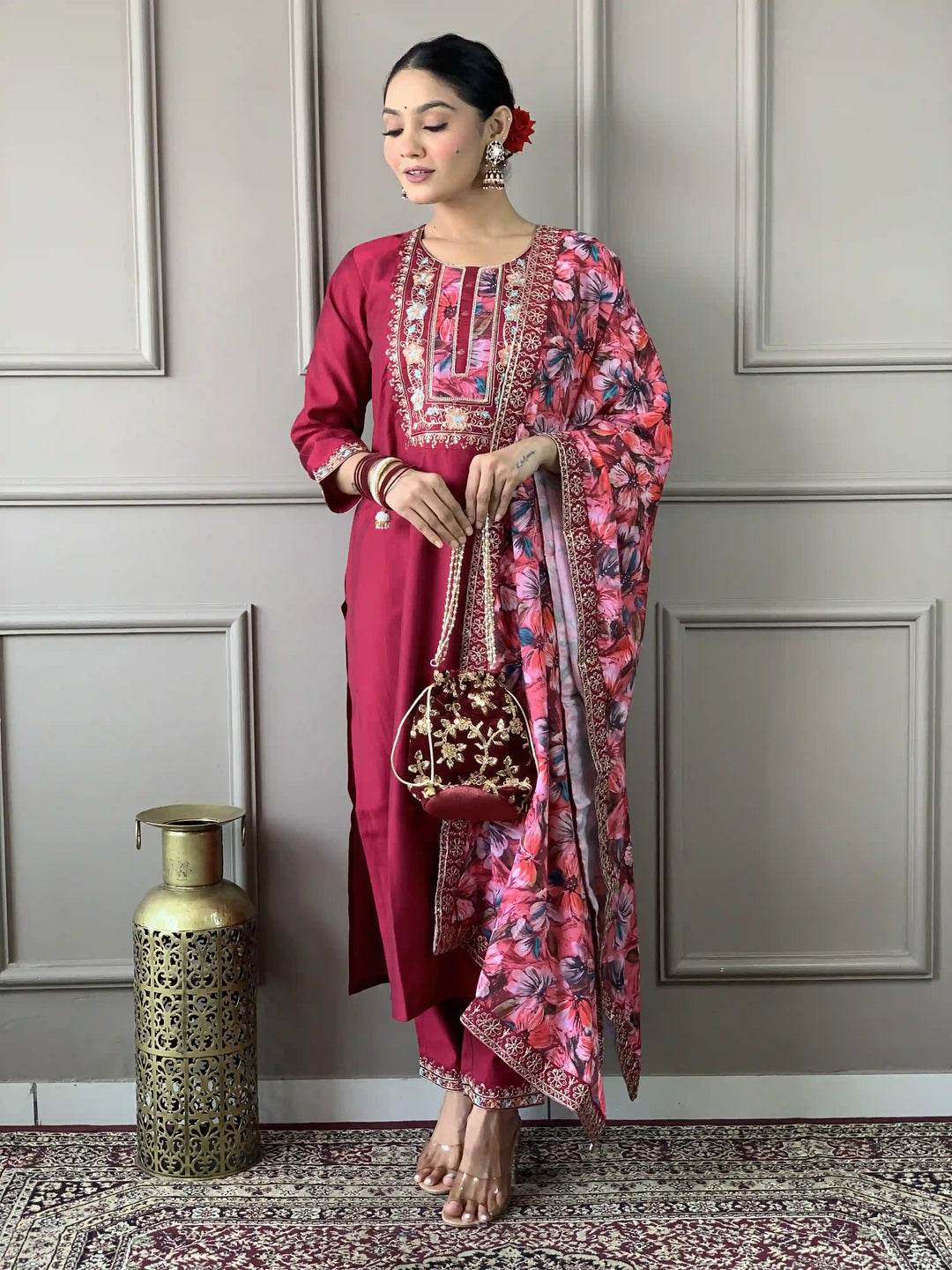 Floral Straight Kurta with Trousers & Dupatta | Women’s Kurti Set