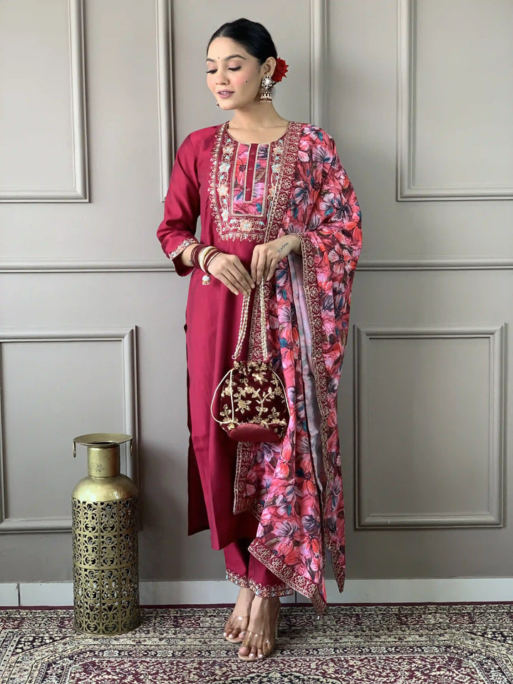 Floral Straight Kurta with Trousers & Dupatta | Women’s Kurti Set