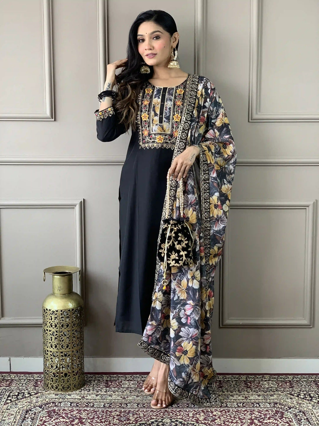 Floral Straight Kurta with Trousers & Dupatta | Women’s Kurti Set