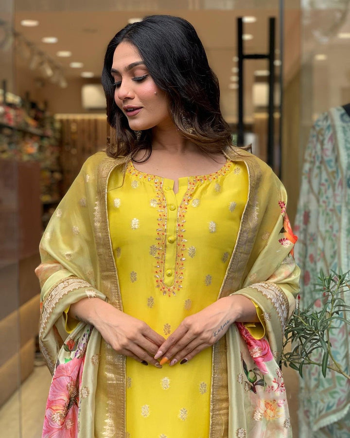 Mustard Yellow Kurta with Printed Dupatta | Viscose Organza Jacquard Kurti Set